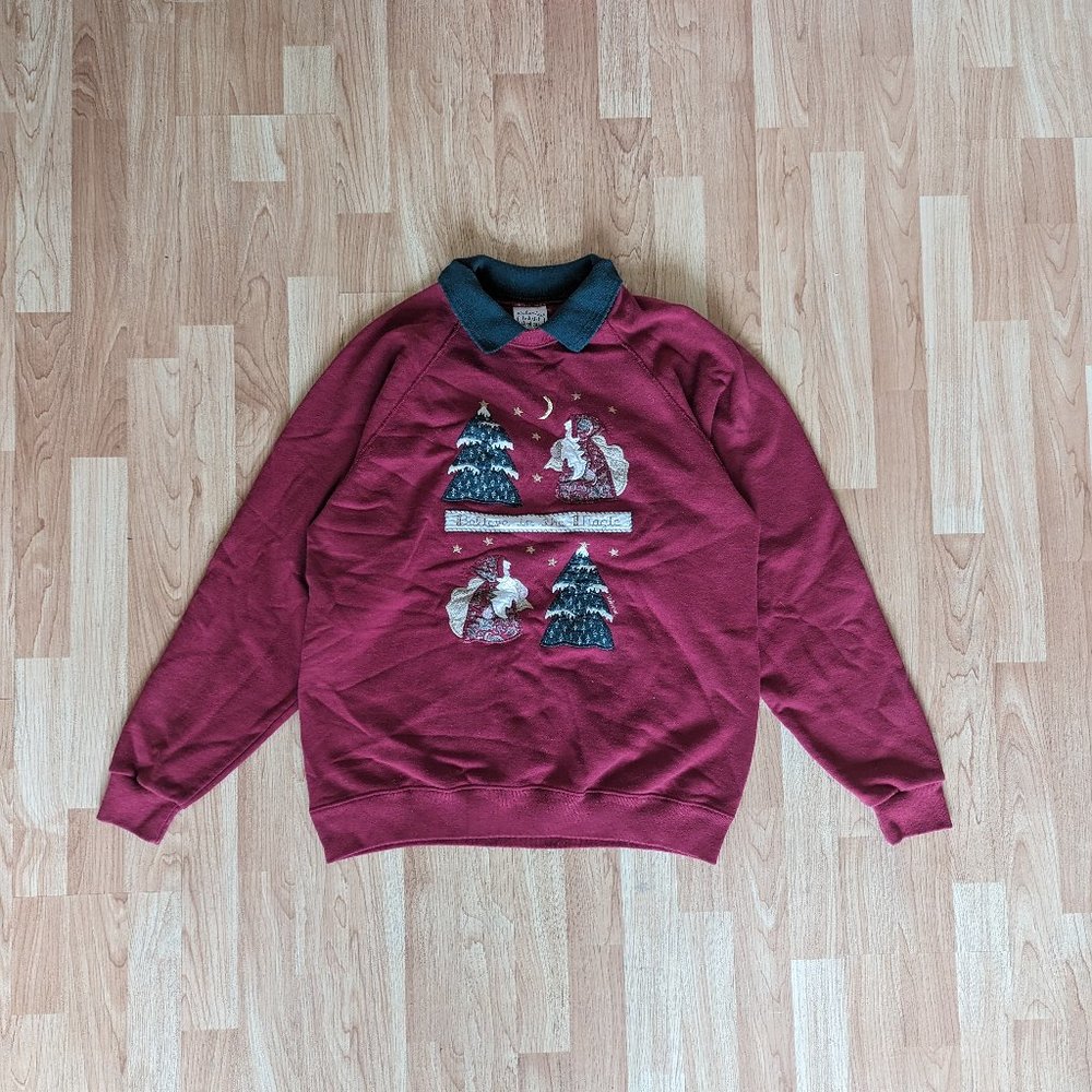 Vintage Red Ugly Christmas Sweater with Green Collar